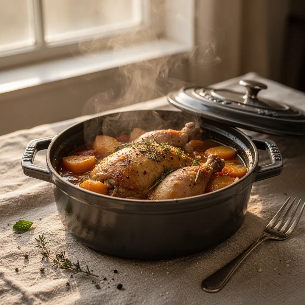 Cocotte minute ouverte montrant un hamin doré avec morceaux de bœuf, pommes de terre et œufs entiers