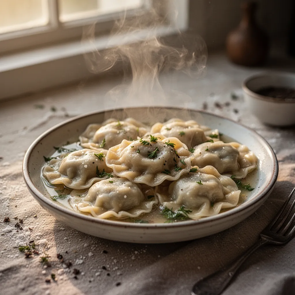 Assiette de kreplach triangulaires servis dans un bouillon clair avec herbes