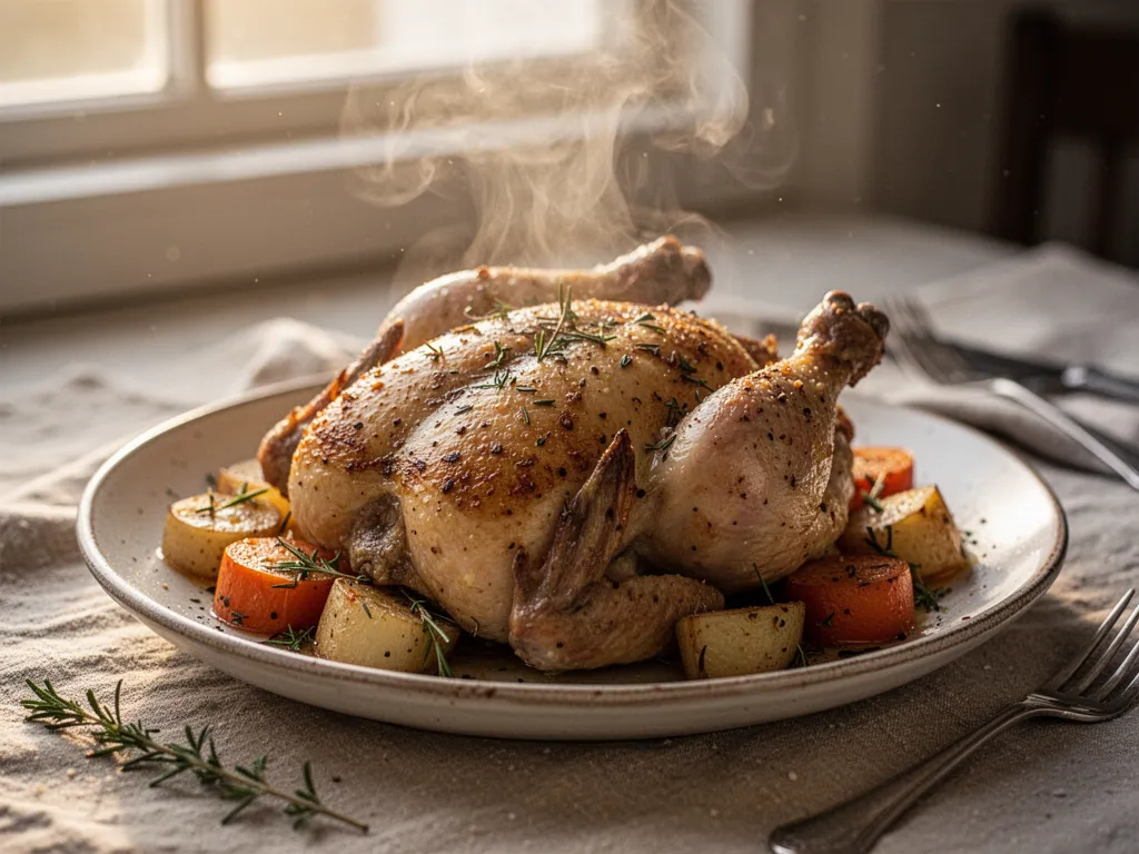 Morceaux de poulet dorés avec olives et herbes sur une assiette